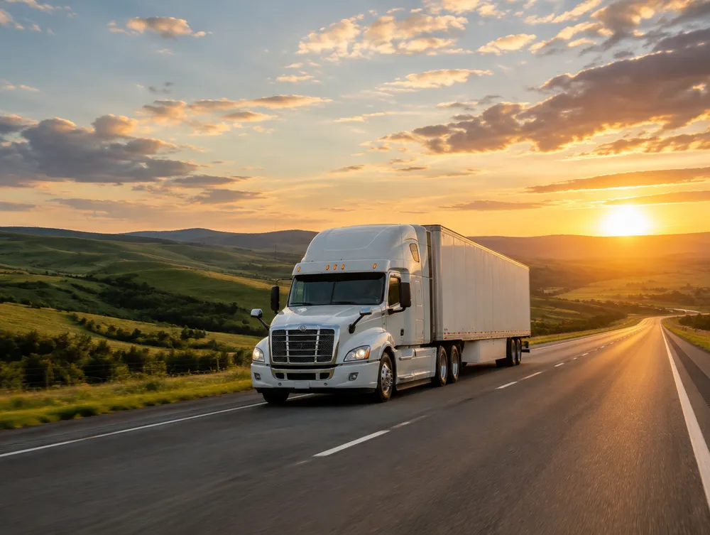 Moving truck on a highway at sunset
