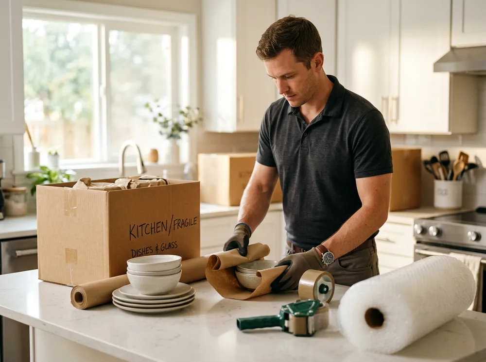Mover wrapping dishes in packing paper